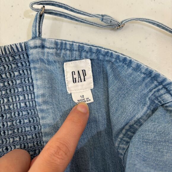 Gap Blue Chambray Denim Strappy Mini Dress 12 Smocked Fit Flare Sweetheart City - Picture 8 of 9